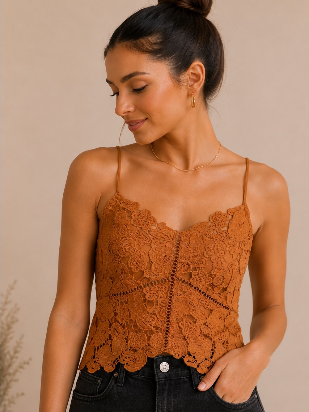Iris Basic Orange Crochet Lace Camisole